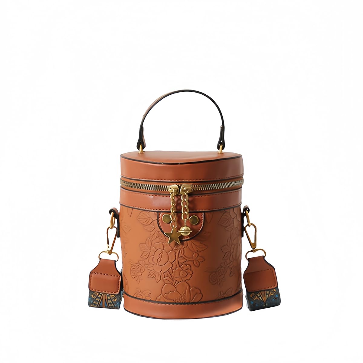 Round Barrel Bucket Bag Embossed Vegan Leather Crossbody Handbag T211554
