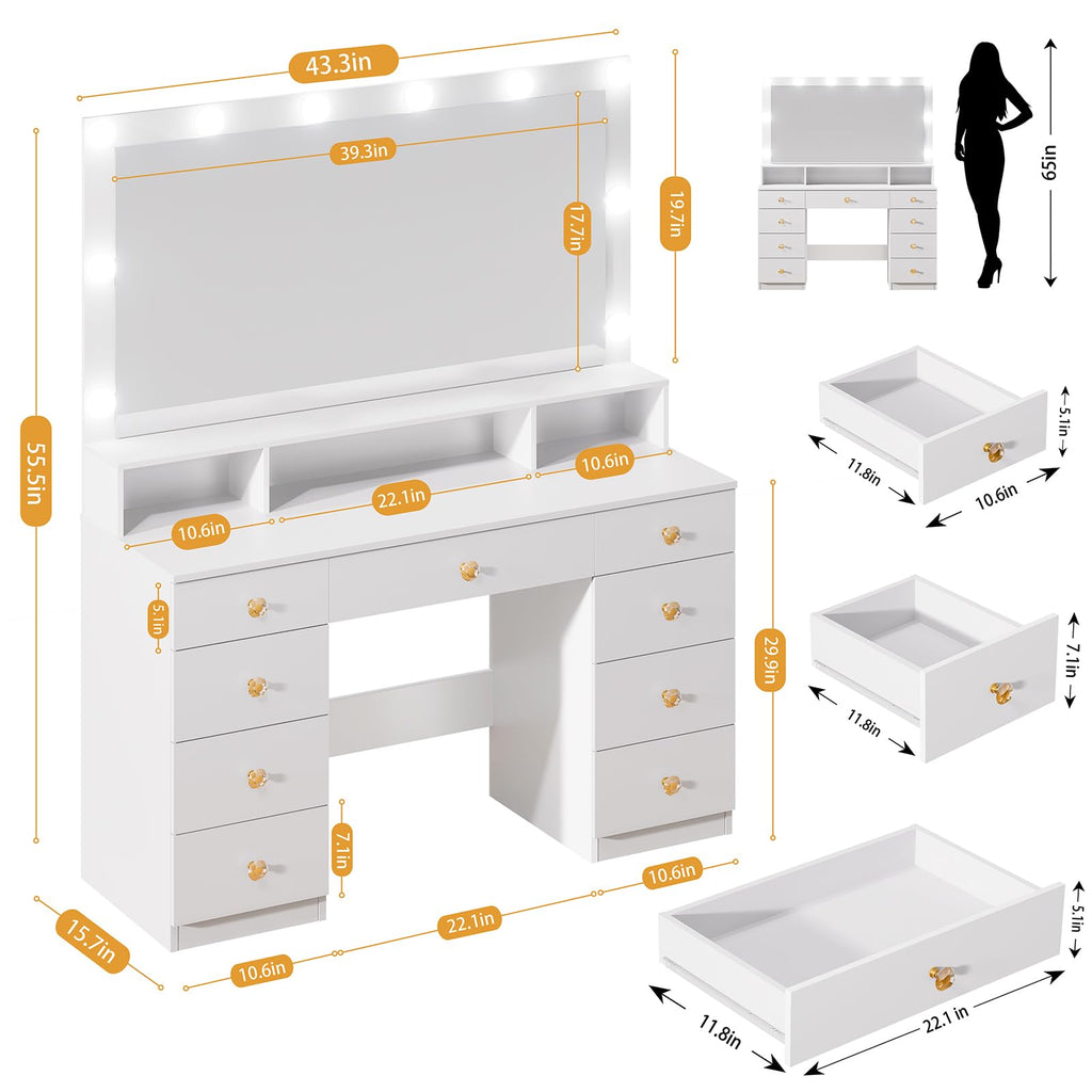 White 9 Drawer Vanity with Lighted Mirror R1446