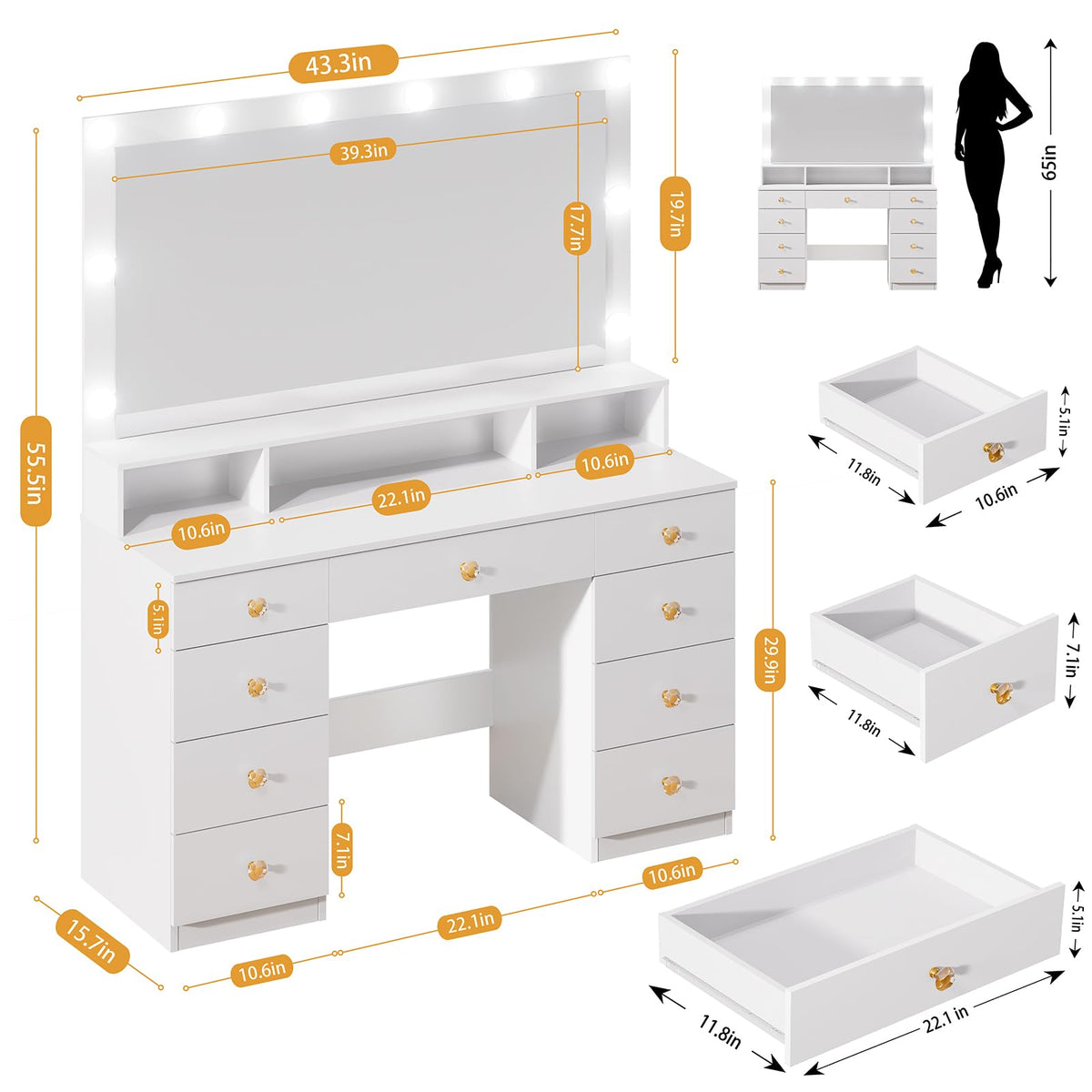 White 9 Drawer Vanity with Lighted Mirror R1446