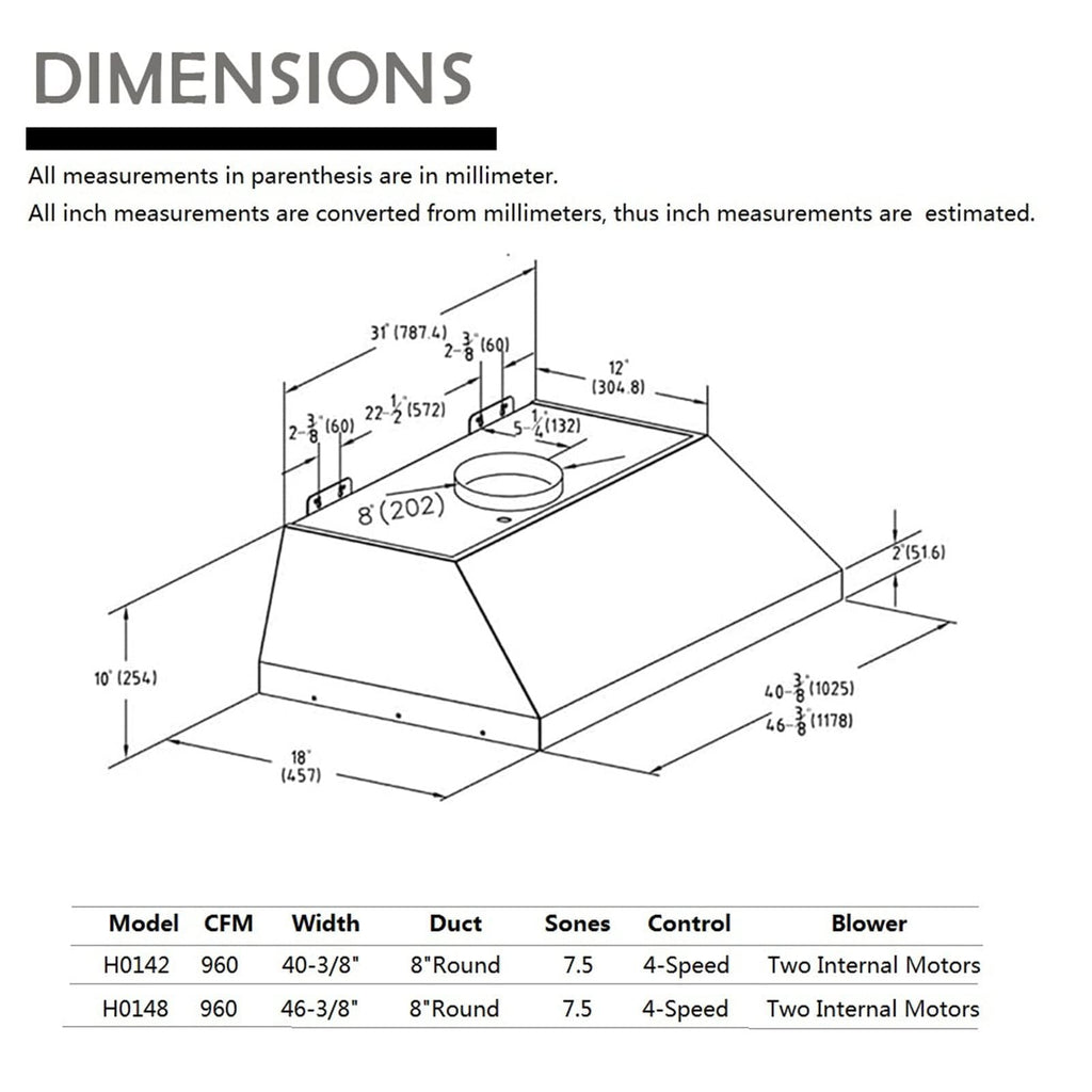 48 inch Stainless Steel Built-in Range Hood with Liner and Baffle Filter B79413