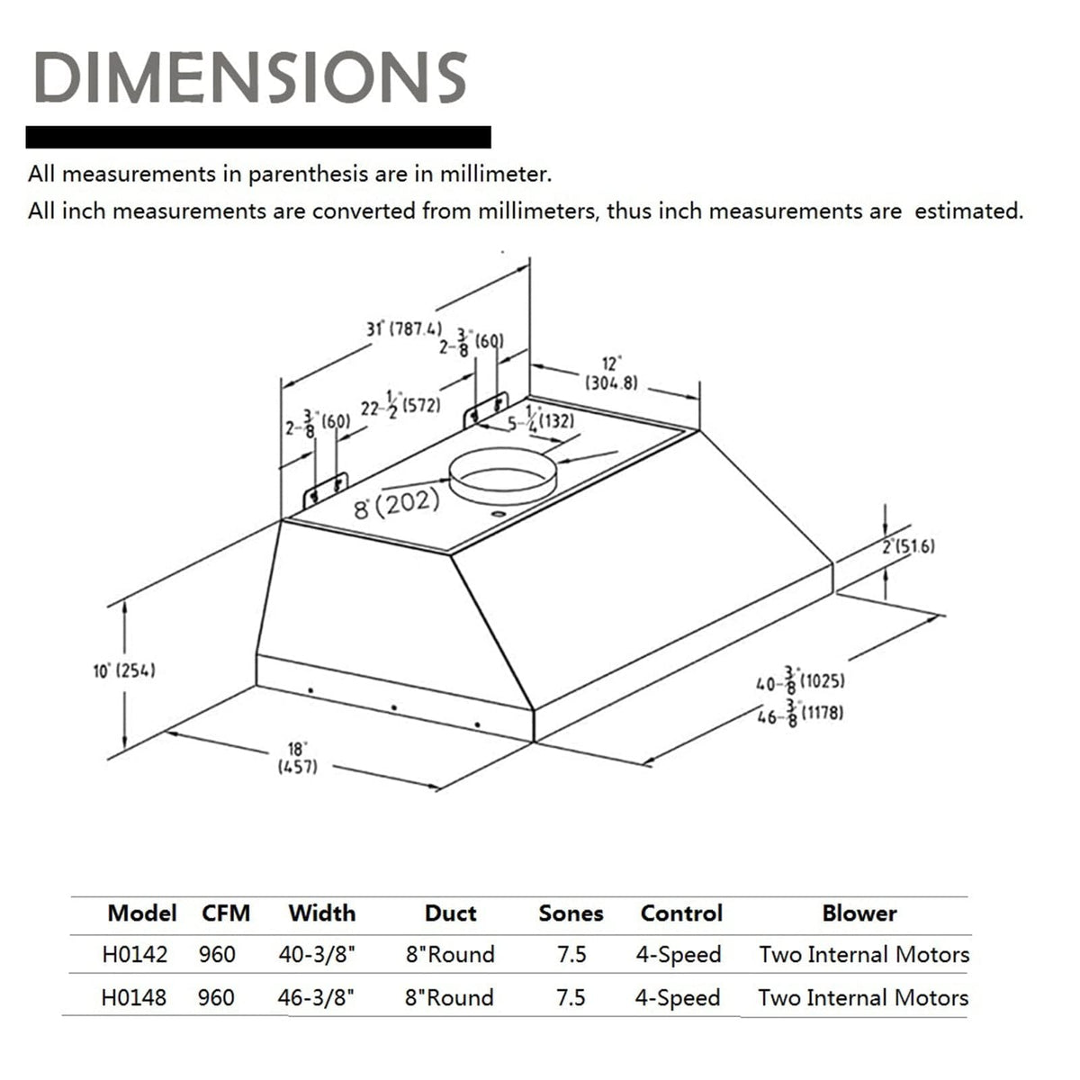 48 inch Stainless Steel Built-in Range Hood with Liner and Baffle Filter B79413