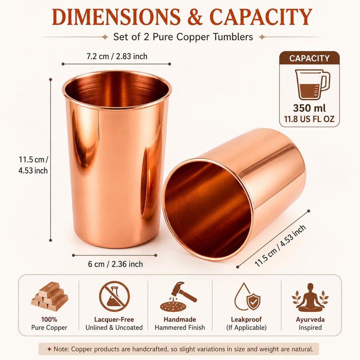 Copper Drinking Cups Set of 2, 350ml Unlined Uncoated T132
