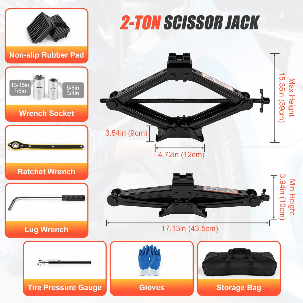 2 Ton Scissor Jack with 2 Rubber Pads J8166