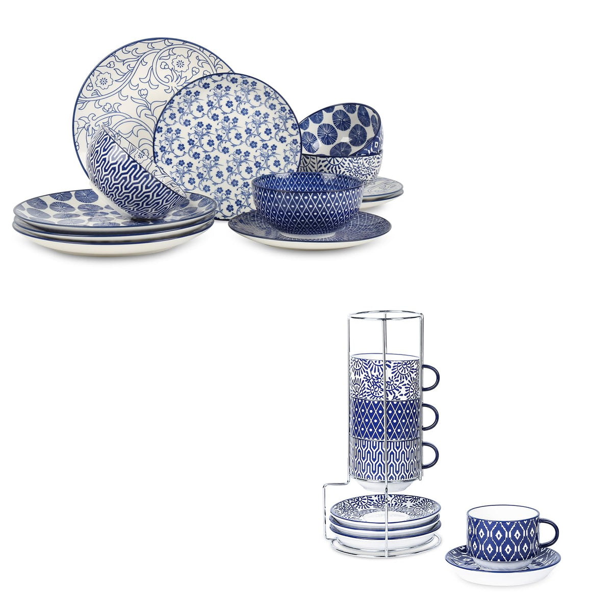 Ceramic Dinnerware Sets 12 Piece Cappuccino Cups with Saucers and Metal Stand V905468