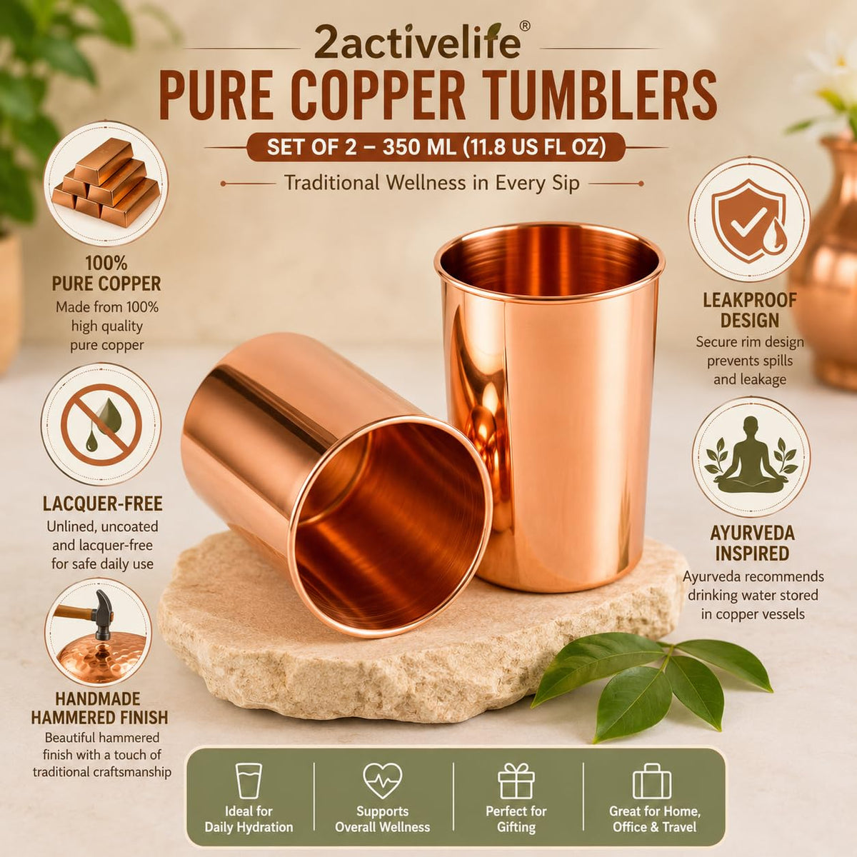 Copper Drinking Cups Set of 2, 350ml Unlined Uncoated T132