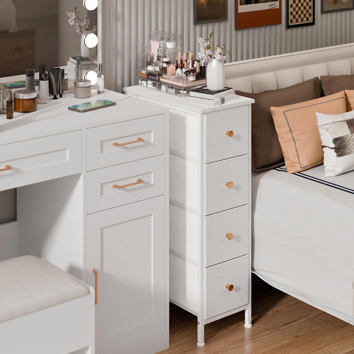 White 4 Fabric Drawer Narrow Storage Cabinet Q636