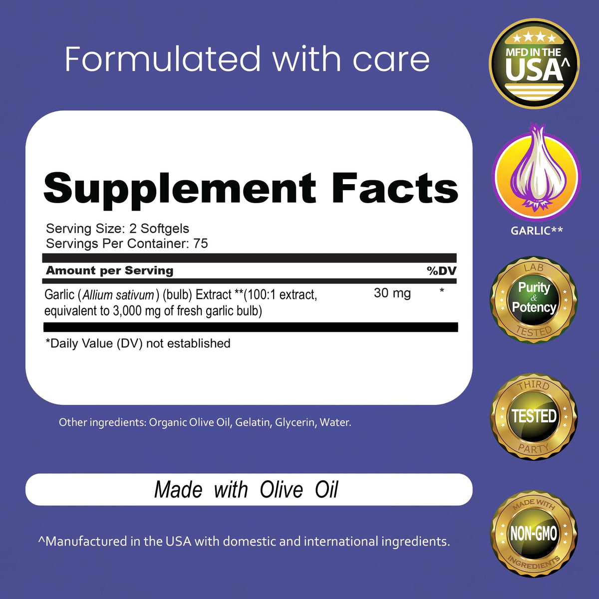 Odorless Garlic 100:1 Extract with Olive Oil 150 Softgels A387