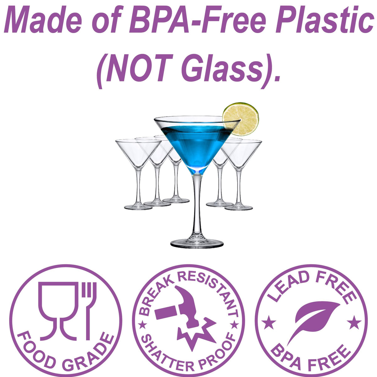 10-Ounce Plastic Martini Glasses Set of 6, Reusable, BPA-Free, Shatter-Proof, Dishwasher-Safe R21550