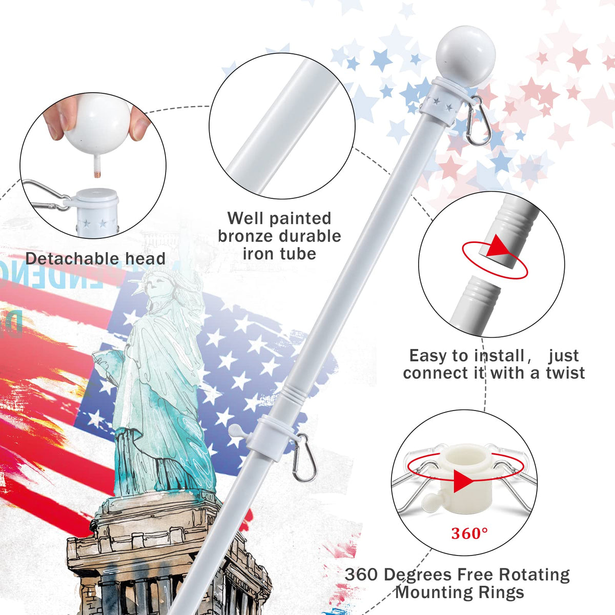 5ft Tangle Free Metal House Flag Pole with 3x5 Embroidered US Flag Z715931