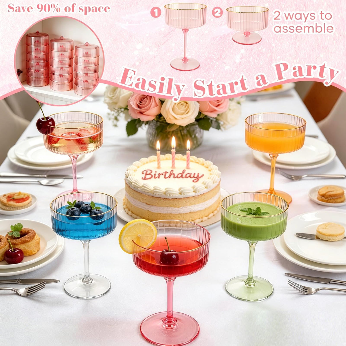 Pink 6 Pcs 10 Oz Plastic Martini Glasses Y4381