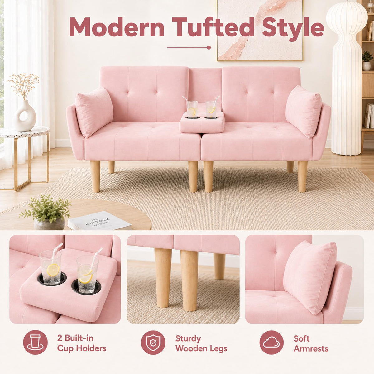 Light Pink Velvet Futon Sofa Bed B44416