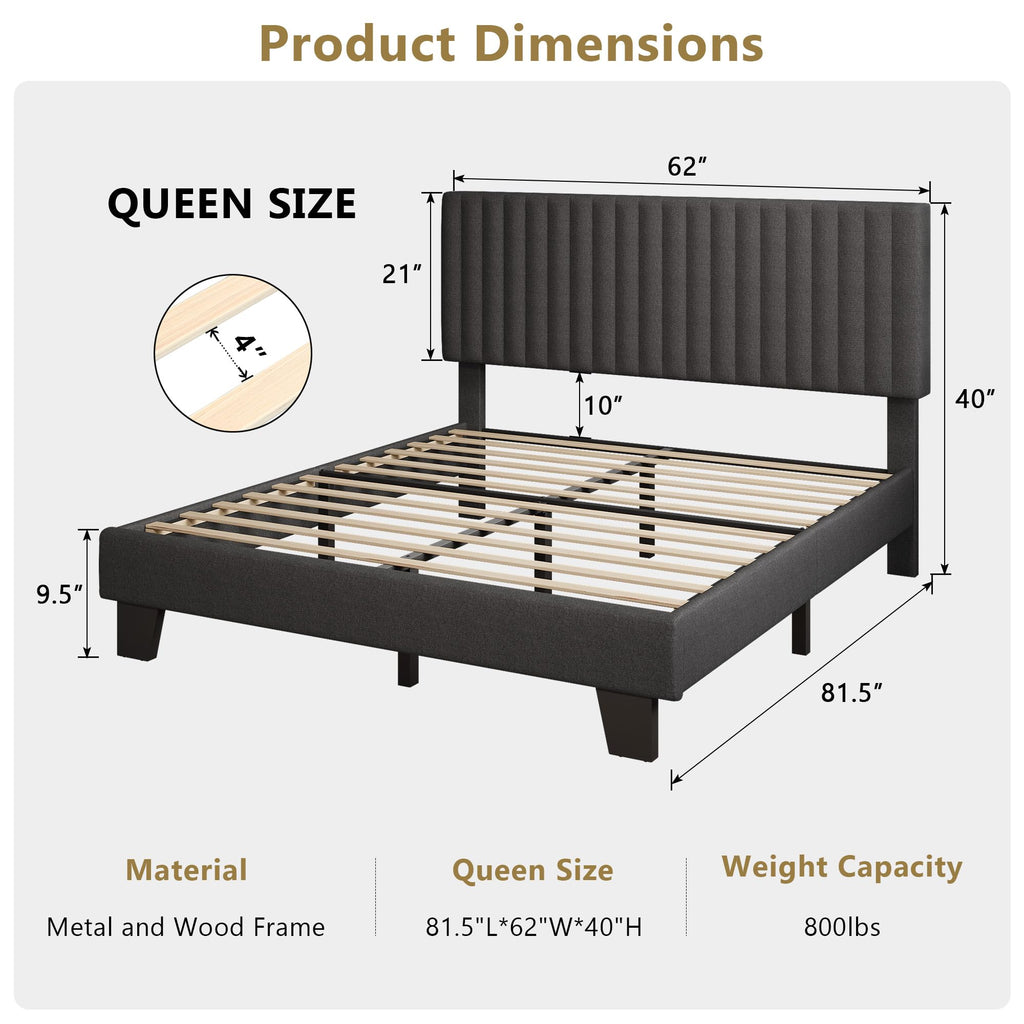Queen Size Upholstered Platform Bed with Linen Headboard V89649