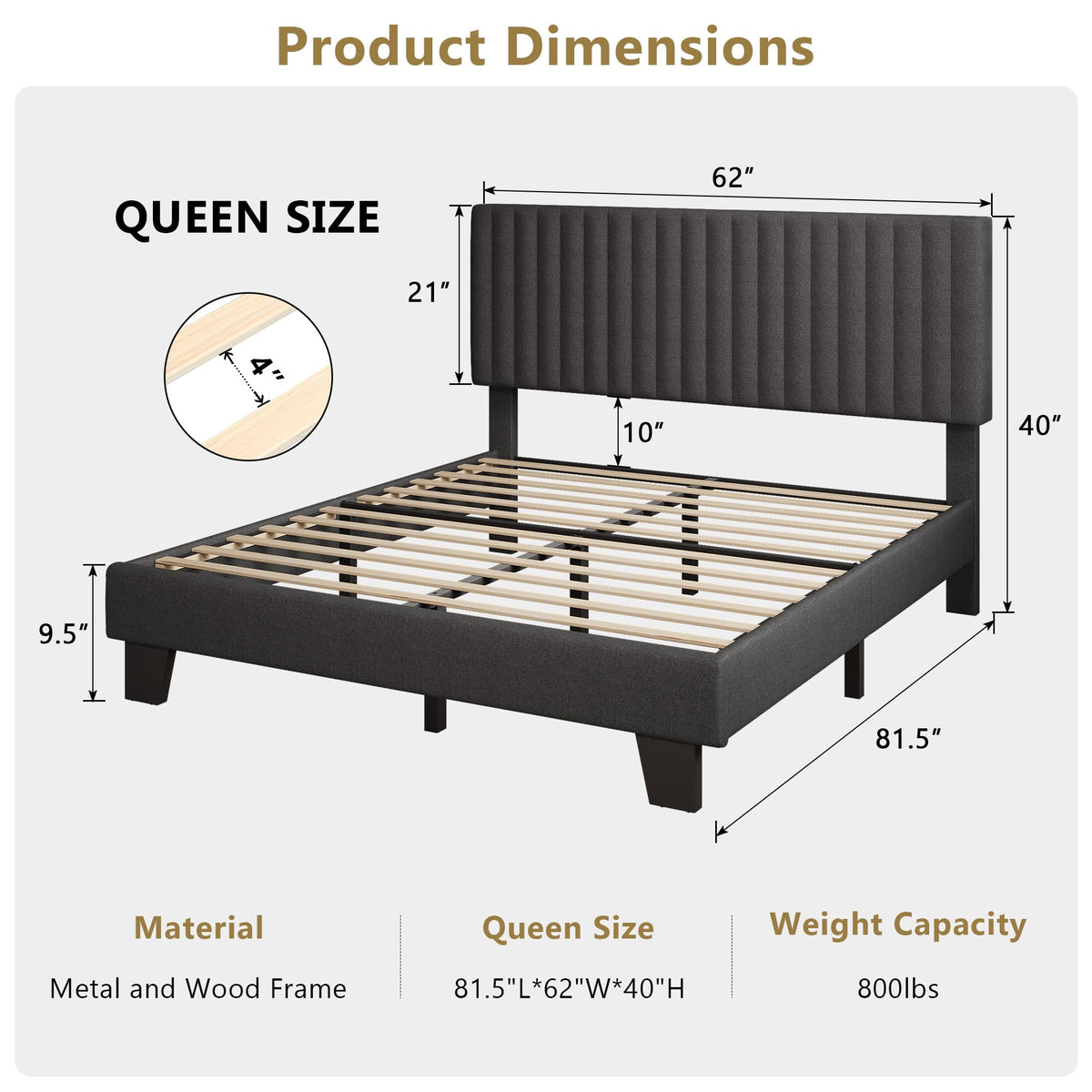Queen Size Upholstered Platform Bed with Linen Headboard V89649
