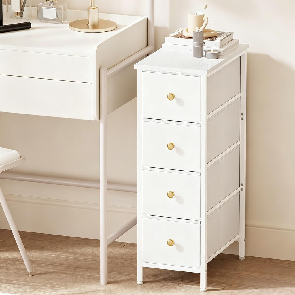 White 4 Fabric Drawer Narrow Storage Cabinet Q636