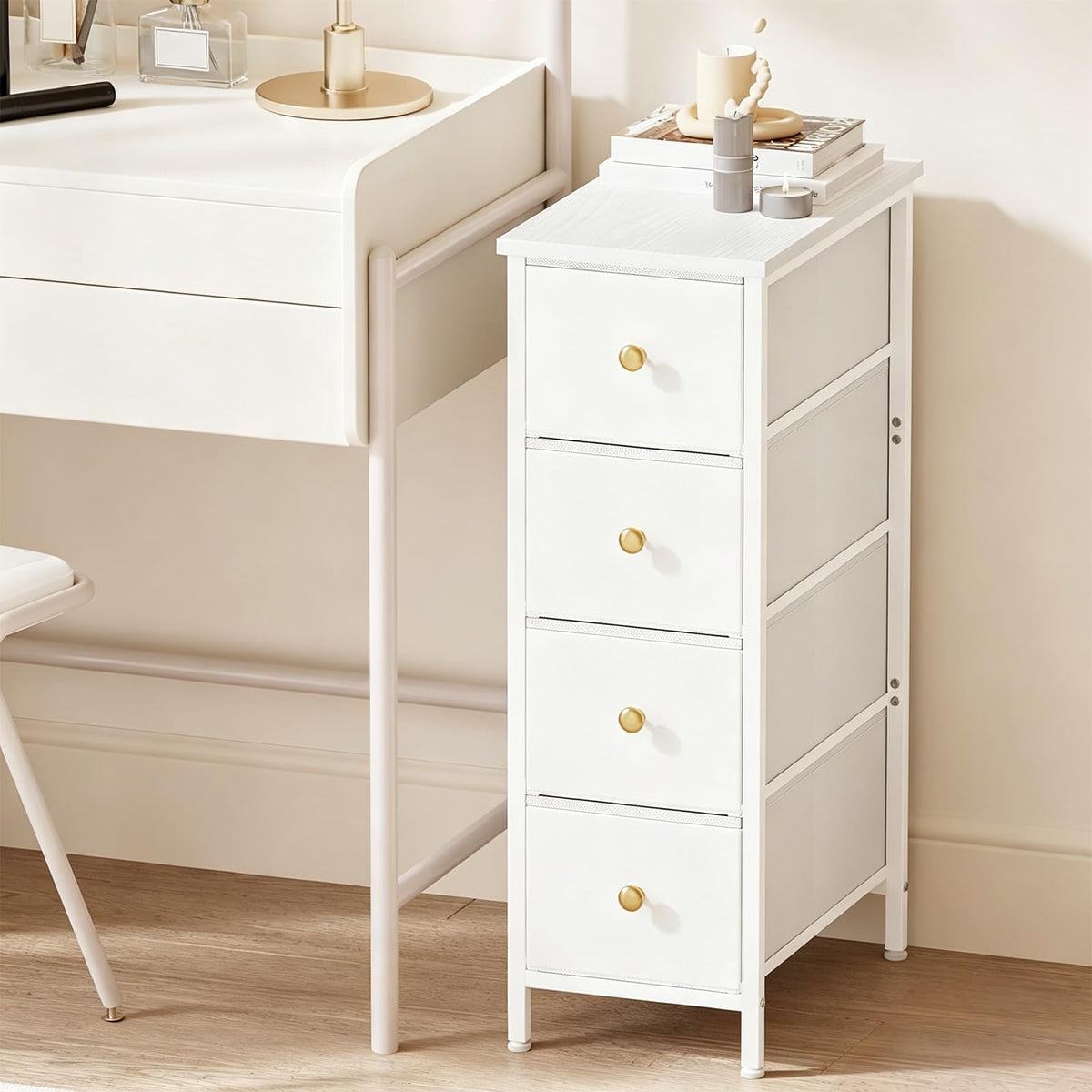 White 4 Fabric Drawer Narrow Storage Cabinet Q636