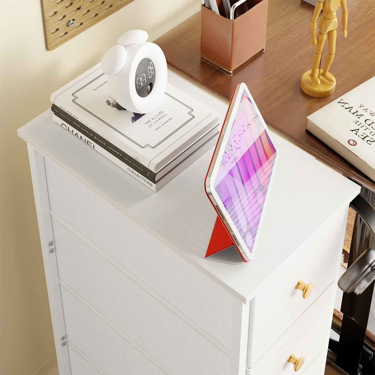 White 4 Fabric Drawer Narrow Storage Cabinet Q636