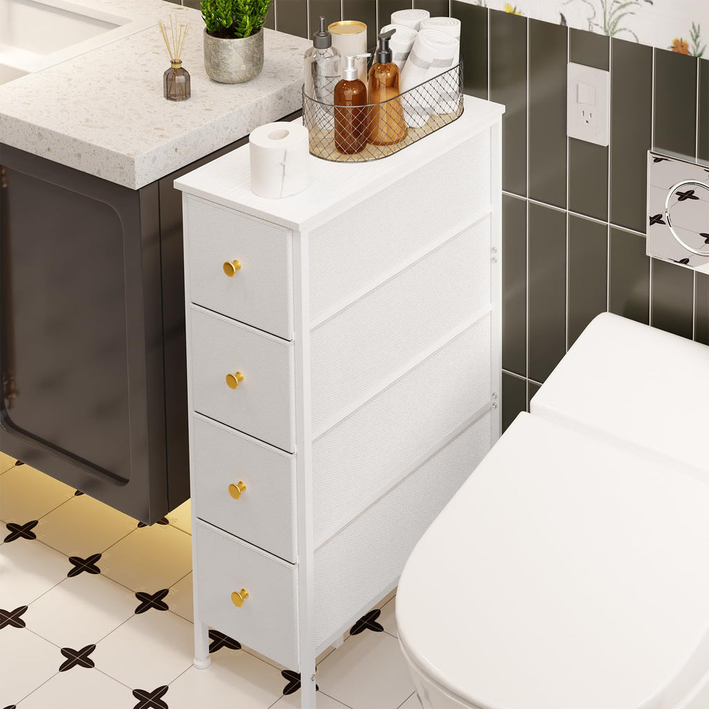 White 4 Fabric Drawer Narrow Storage Cabinet Q636