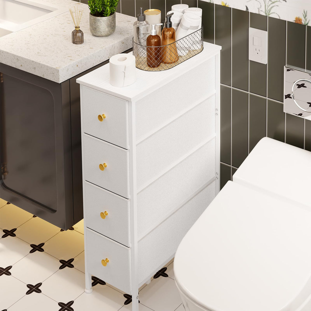 White 4 Fabric Drawer Narrow Storage Cabinet Q636