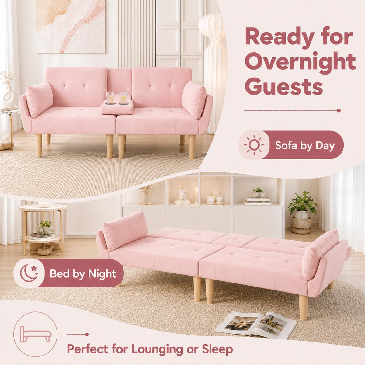Light Pink Velvet Futon Sofa Bed B44416