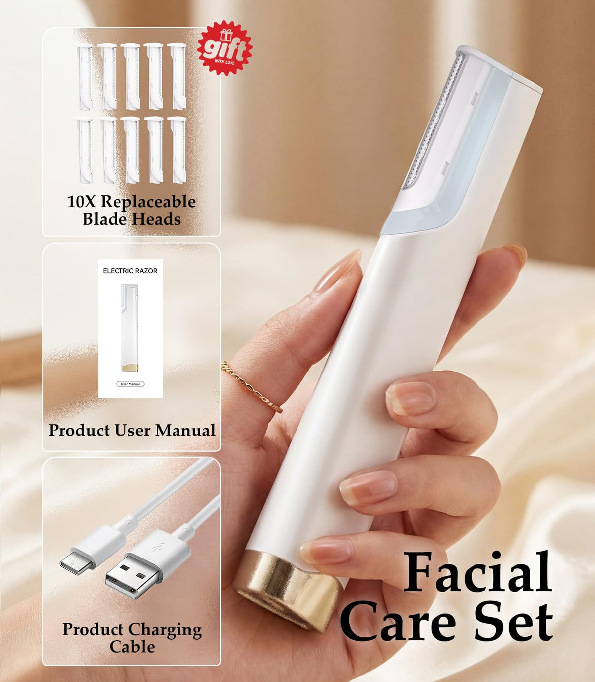 Rechargeable Dermaplaning Razor for Women Face with 10 Replacement Blades P9694