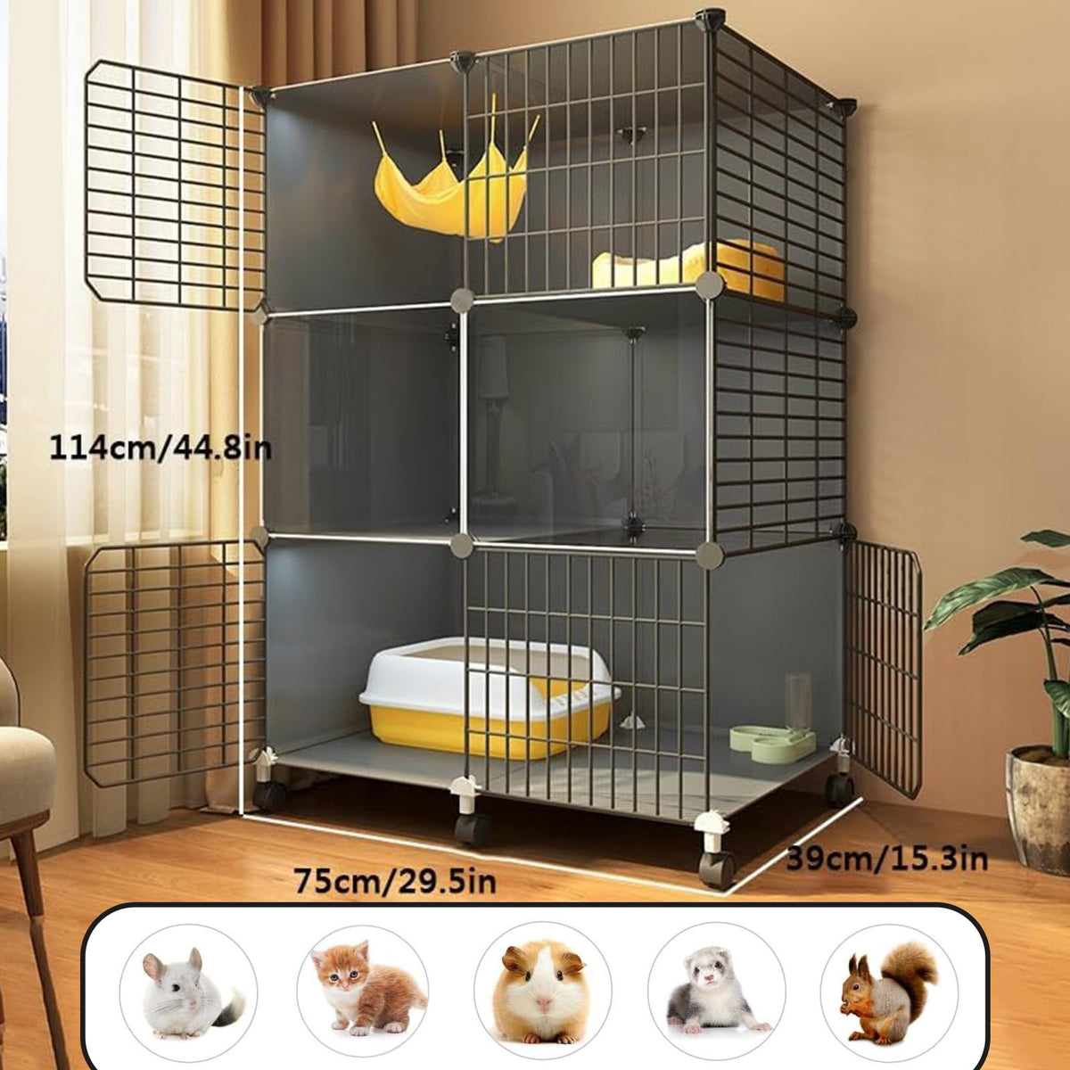 3 Tier Metal Cat Cage with Hammock and 4 Wheels B775244