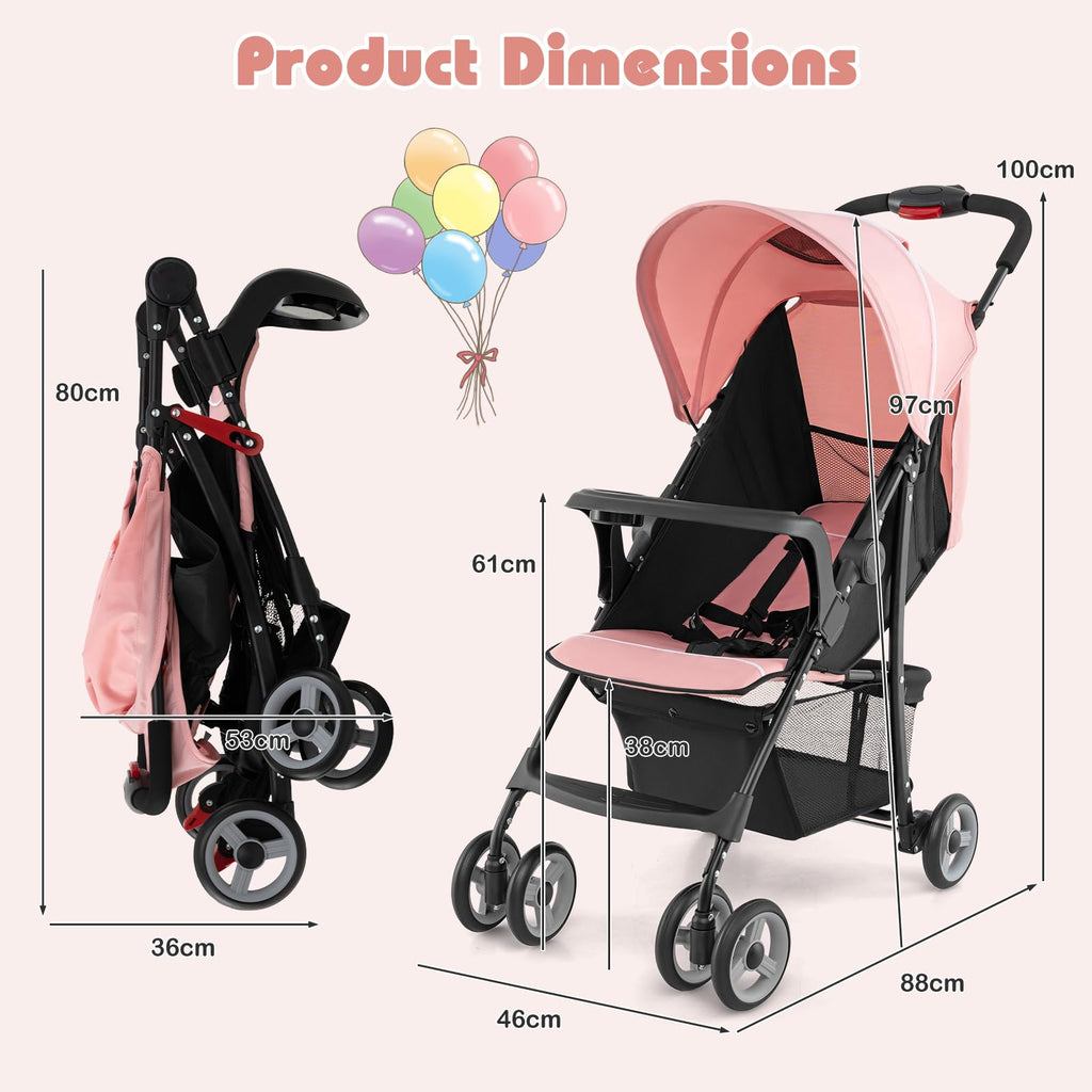 Lightweight Compact Fold Stroller with Canopy & Storage Basket, Pink C517