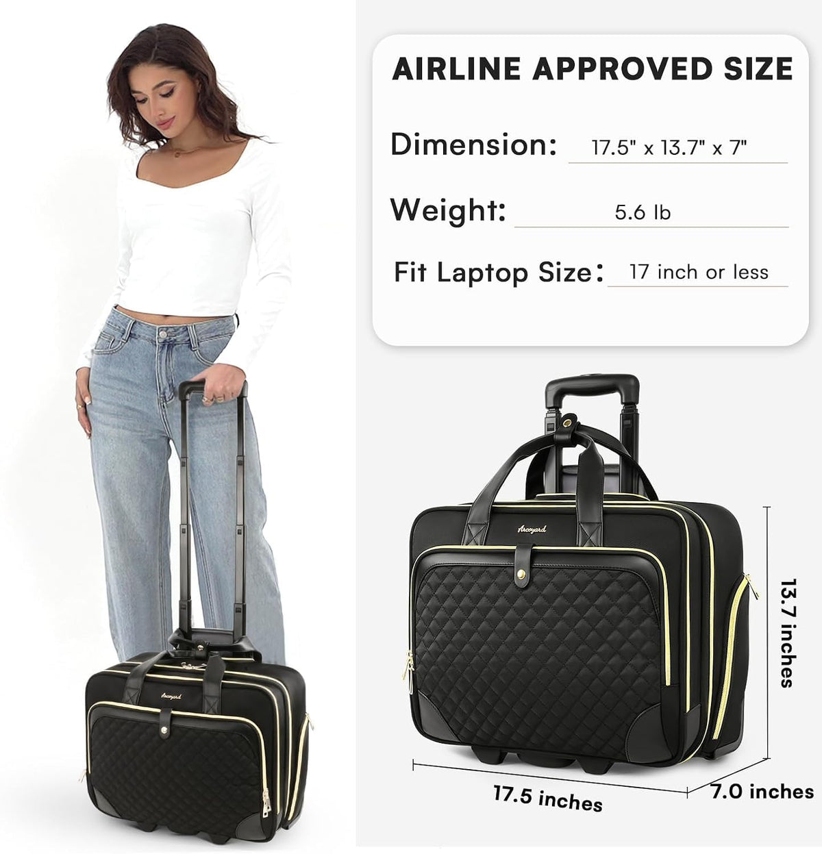 Rolling Laptop Bag with Wheels, 17 Inch Waterproof Black W171