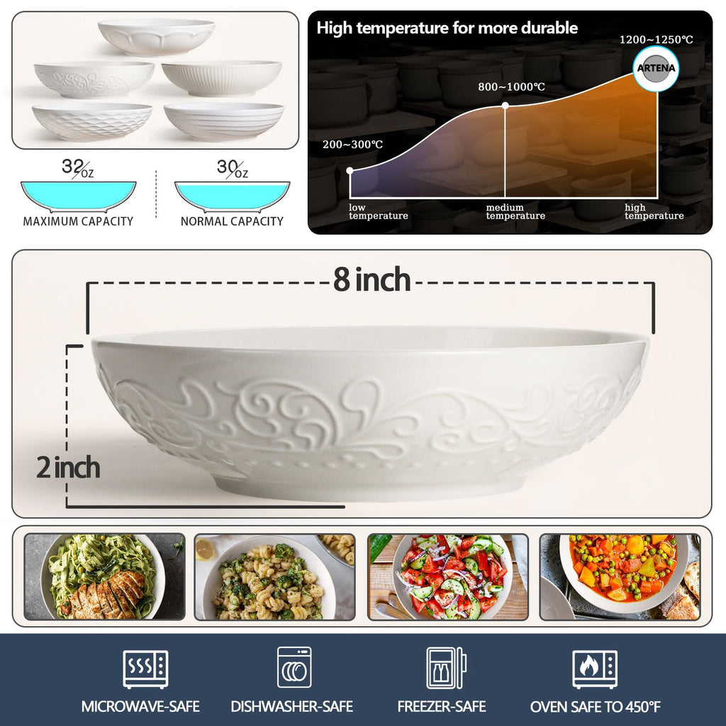 White Ceramic 32oz Pasta Bowls Set of 4 I13567