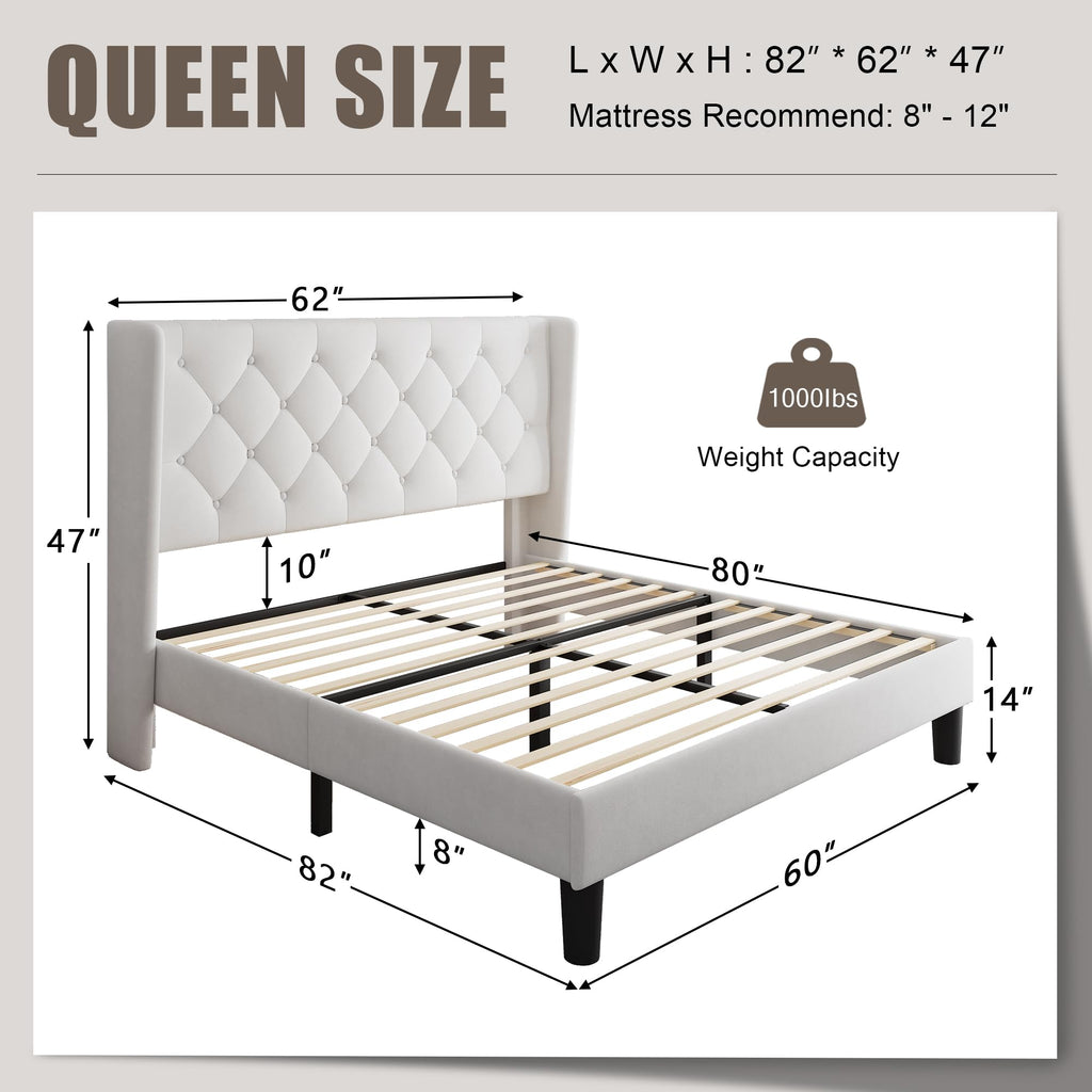 Queen Size Velvet Upholstered Platform Bed Frame with Wingback Headboard S357045