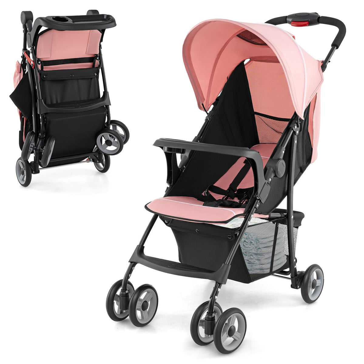 Lightweight Compact Fold Stroller with Canopy & Storage Basket, Pink C517