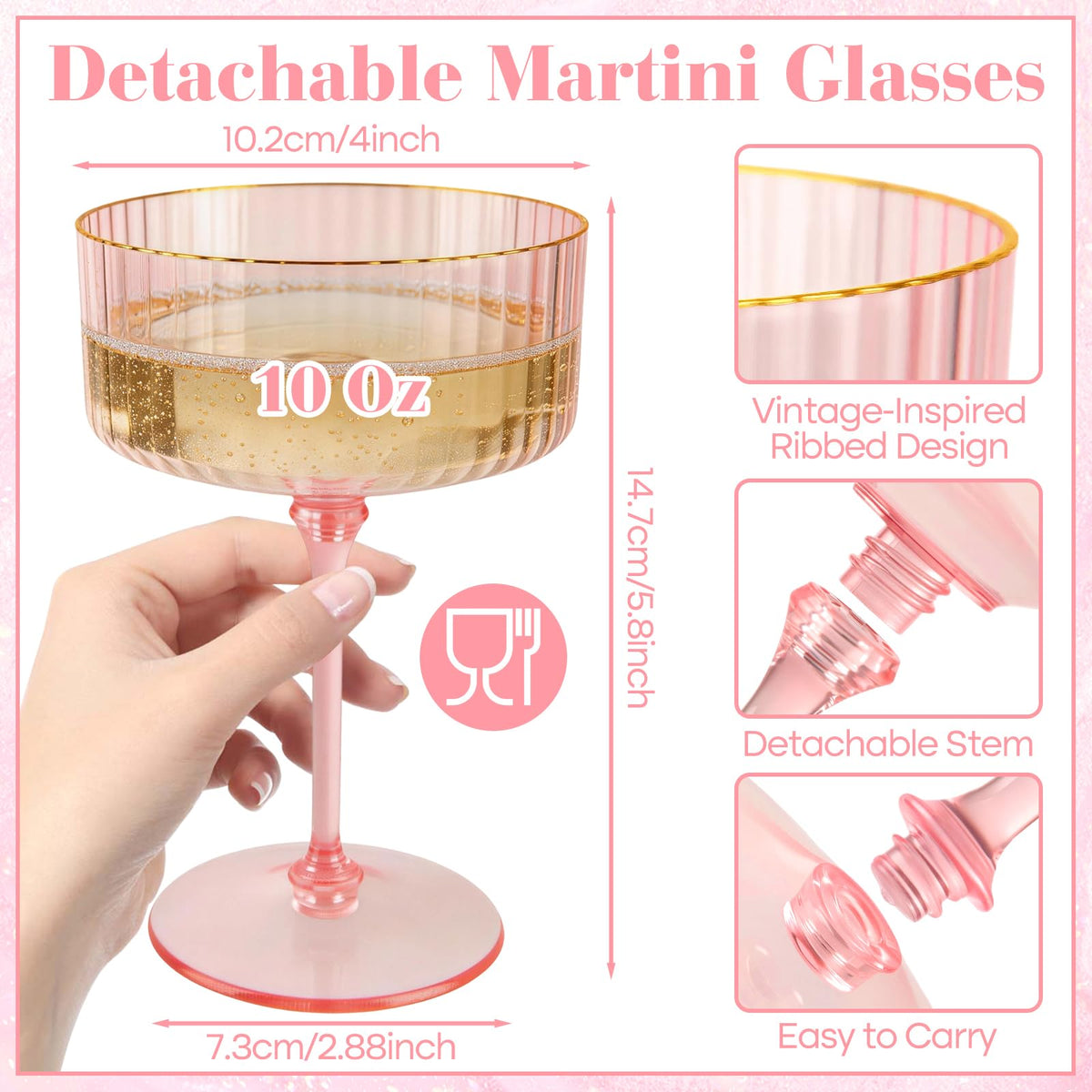 Pink 6 Pcs 10 Oz Plastic Martini Glasses Y4381