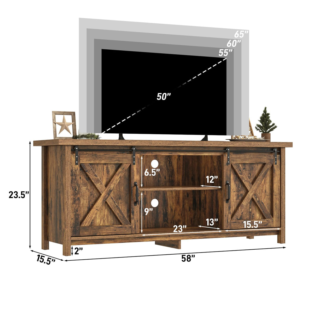 65 Inch Brown Wood TV Stand with Sliding Barn Door F367