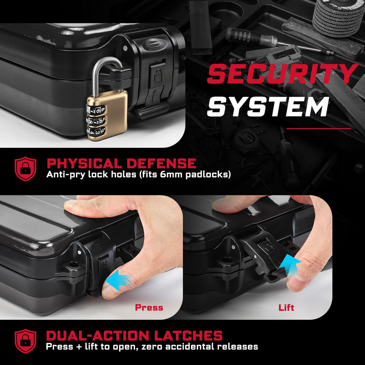 Black Steel Tool Box with Safety Latch and Handle B350