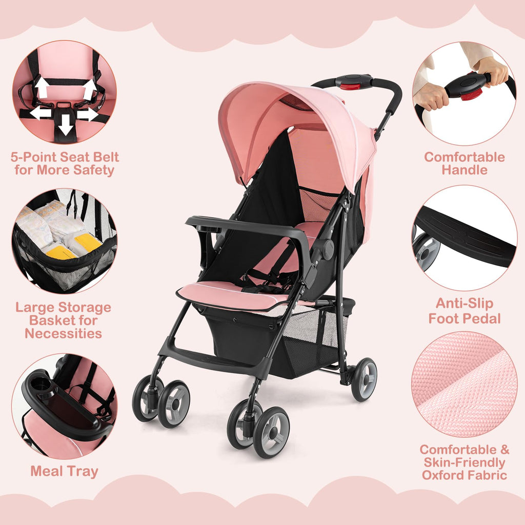 Lightweight Compact Fold Stroller with Canopy & Storage Basket, Pink C517