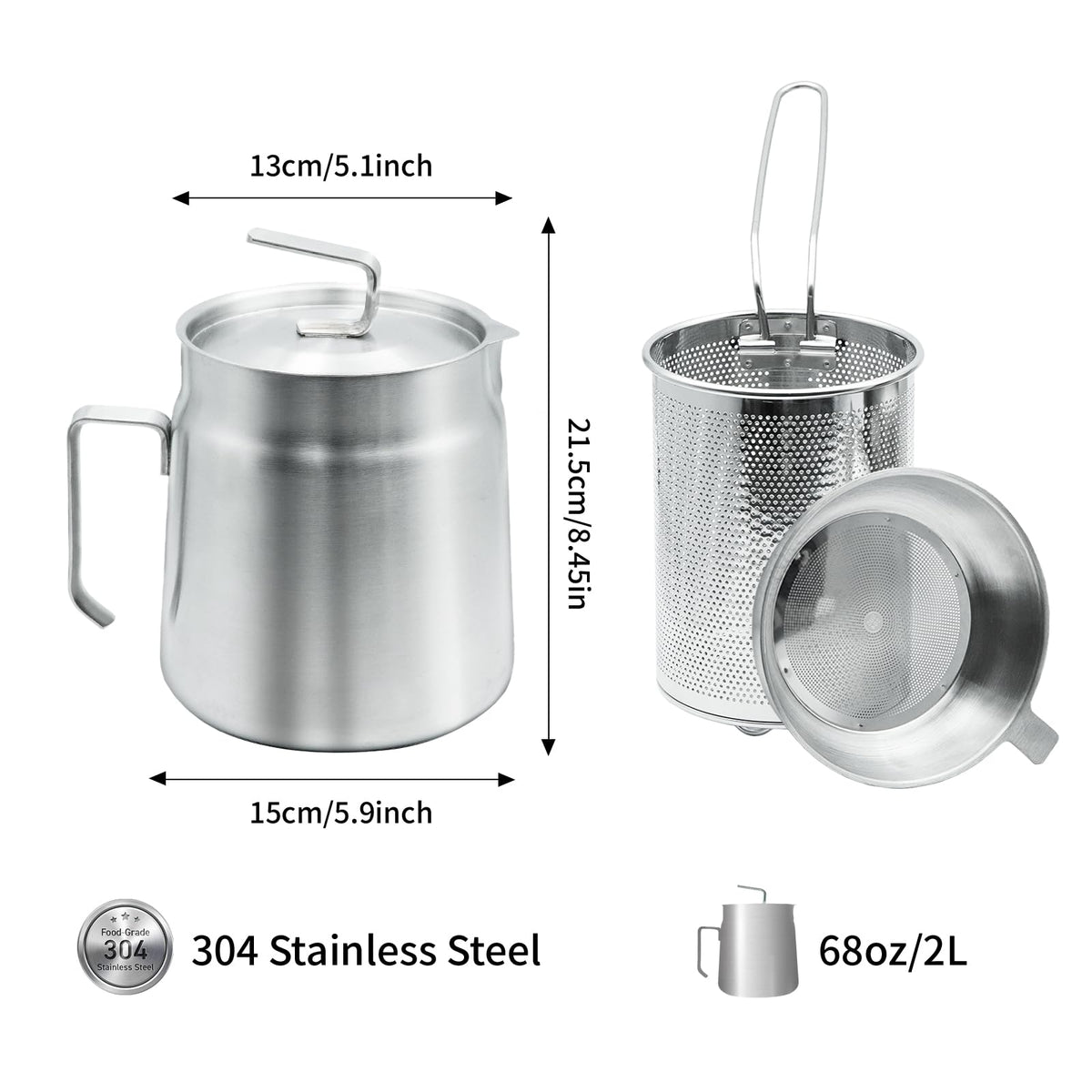 68oz Stainless Steel Oil Filter Pot with Fryer Basket P464118