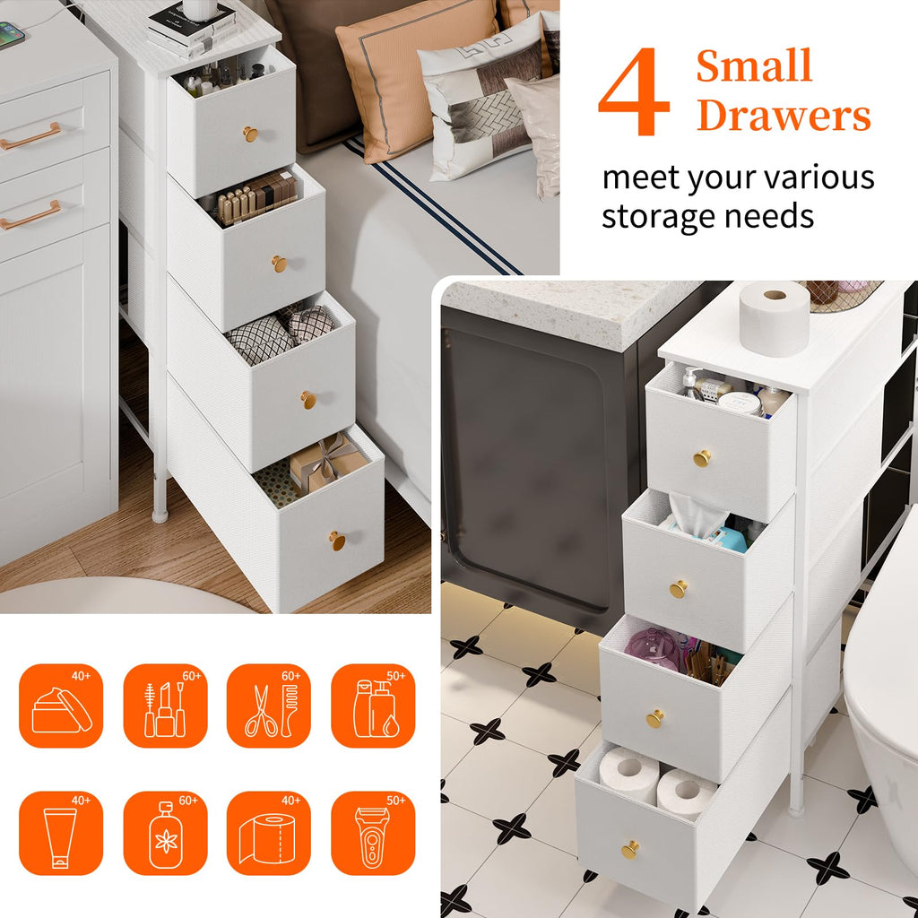White 4 Fabric Drawer Narrow Storage Cabinet Q636