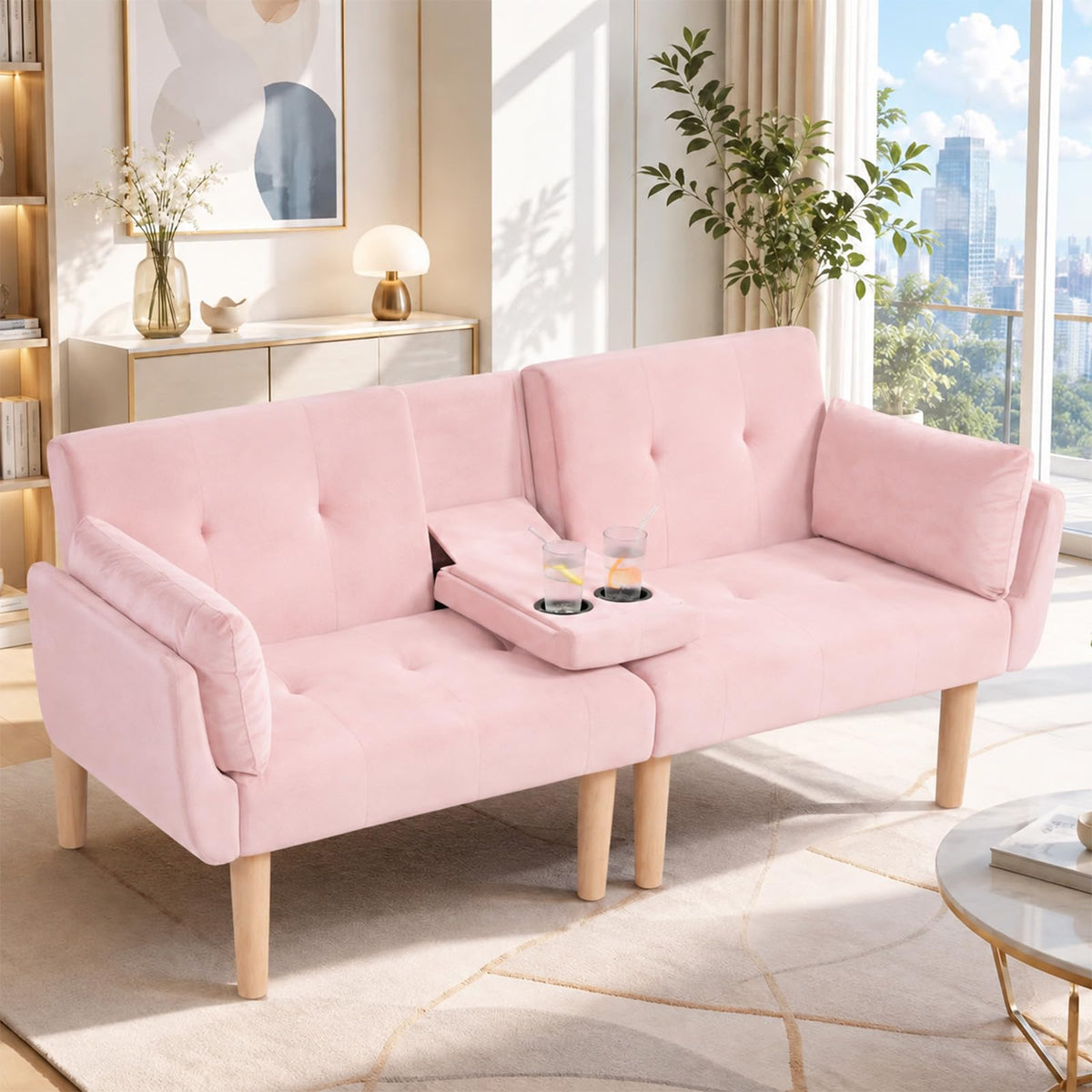 Light Pink Velvet Futon Sofa Bed B44416