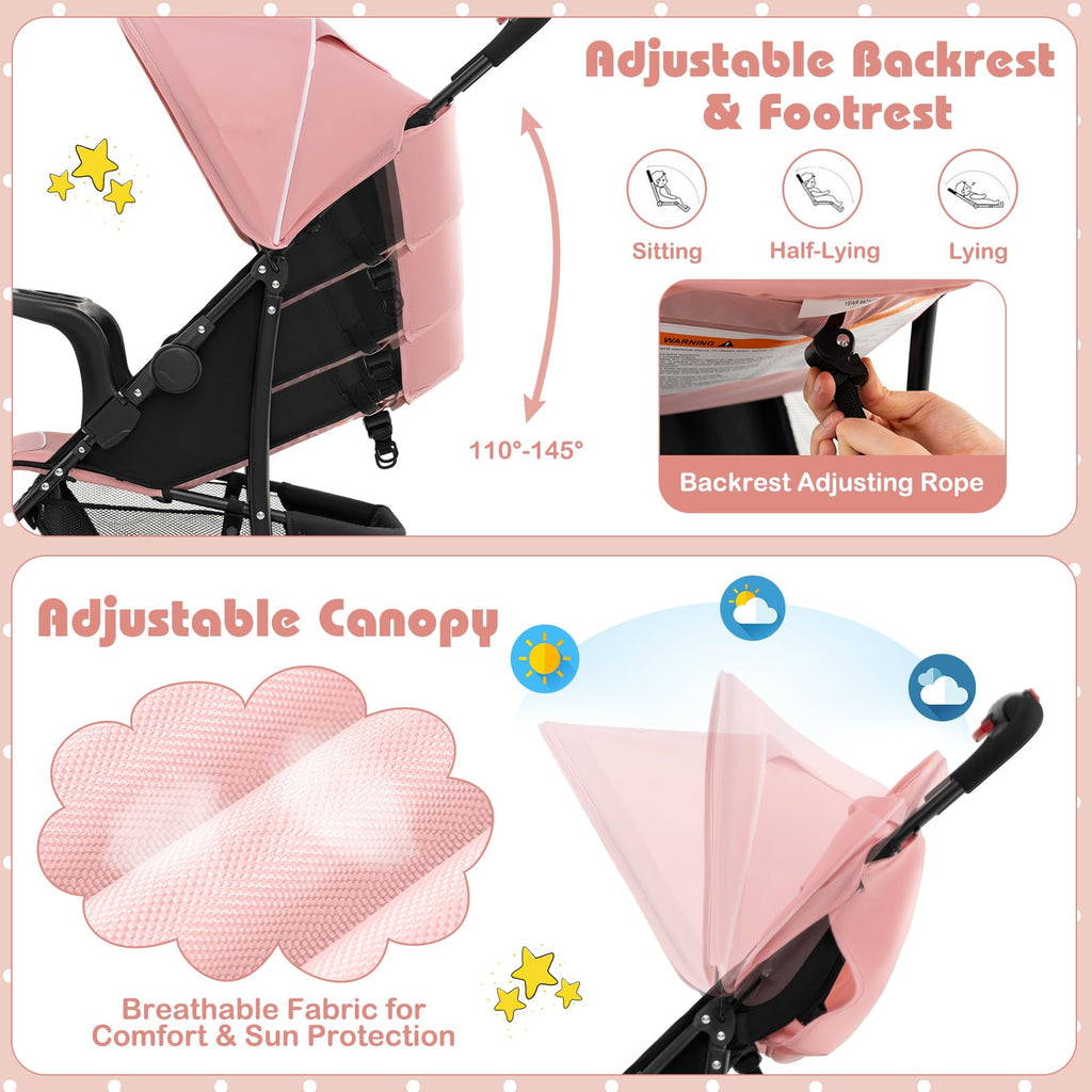 Lightweight Compact Fold Stroller with Canopy & Storage Basket, Pink C517