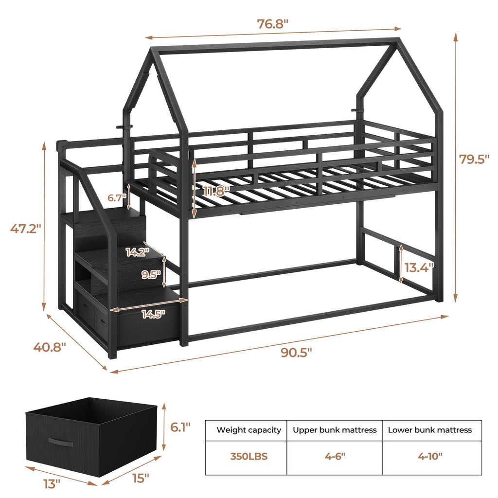 Black Twin Over Twin Metal Bunk Bed with Storage Staircase S330
