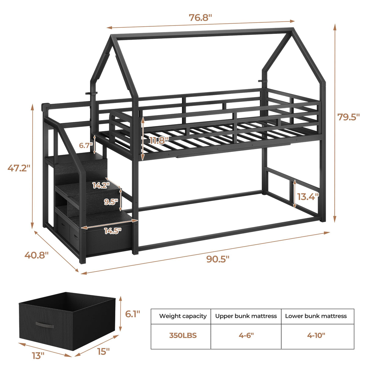 Black Twin Over Twin Metal Bunk Bed with Storage Staircase S330