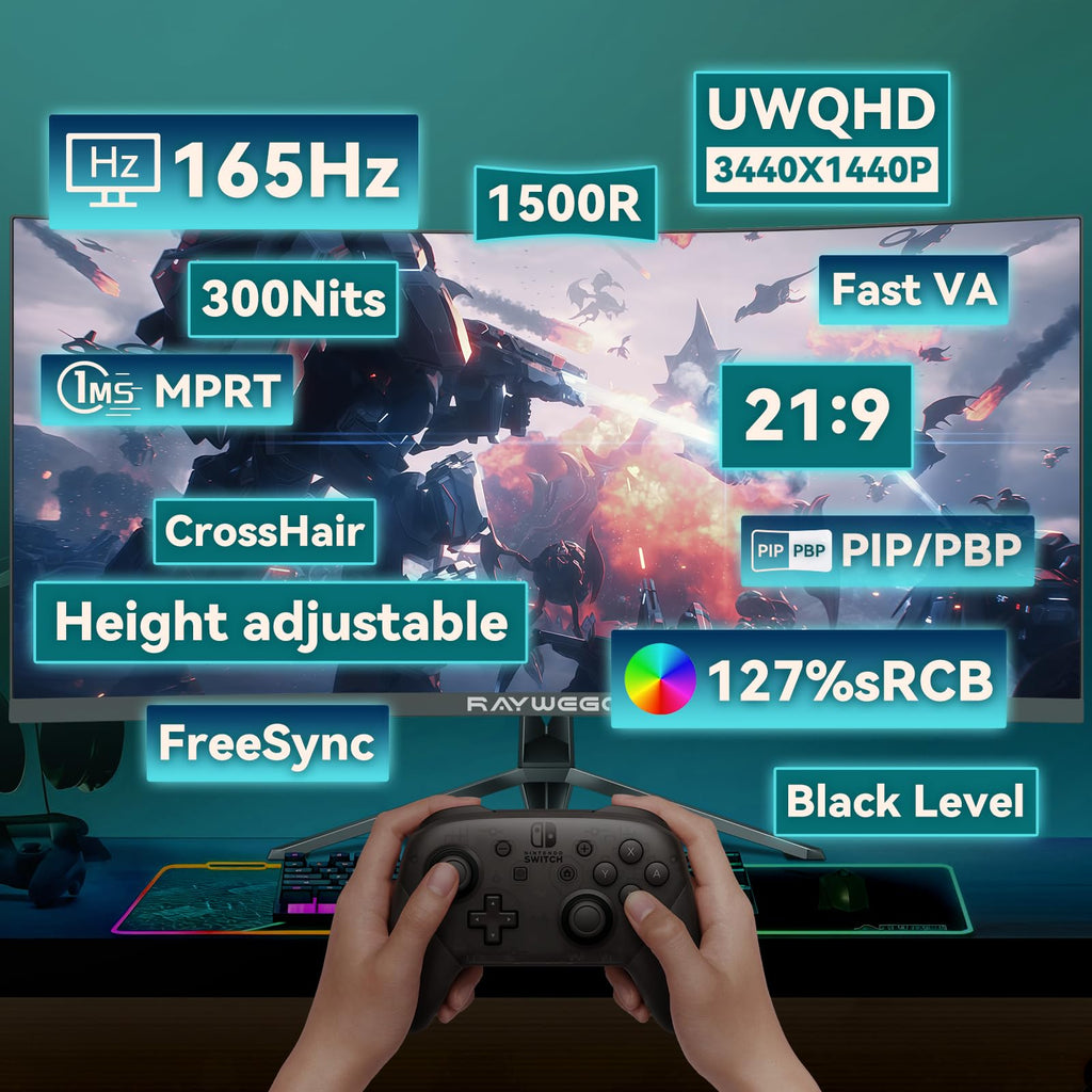 34 Inch Curved Ultrawide Gaming Monitor, UWQHD 165Hz, 1500R C7268