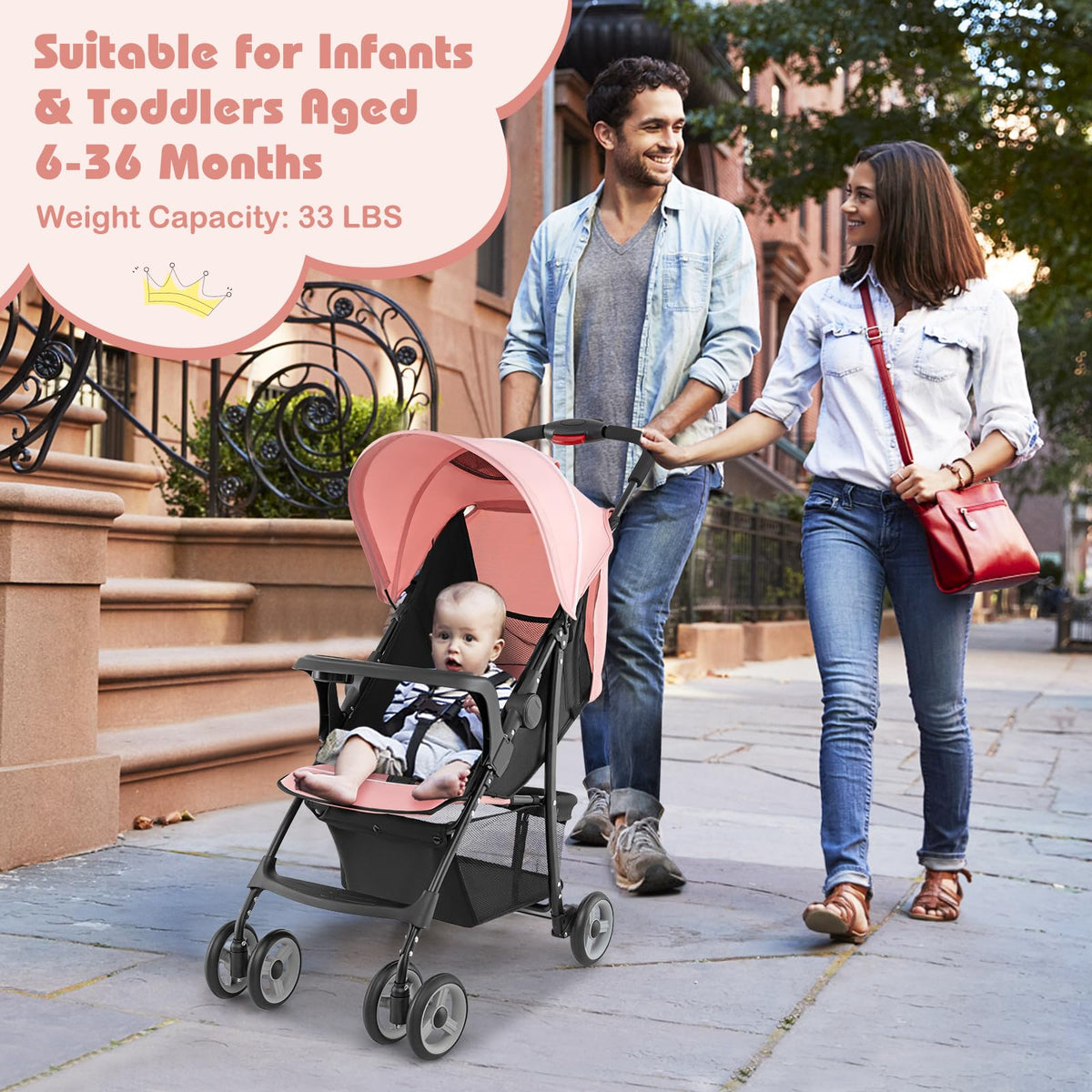 Lightweight Compact Fold Stroller with Canopy & Storage Basket, Pink C517