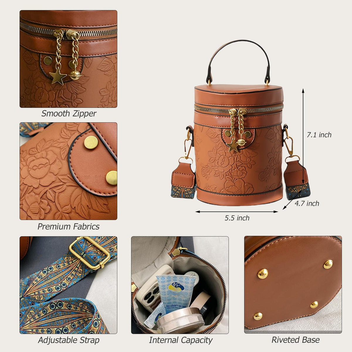 Round Barrel Bucket Bag Embossed Vegan Leather Crossbody Handbag T211554