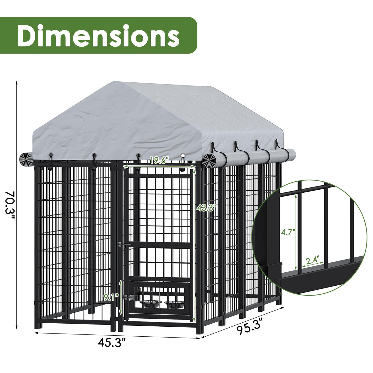 8x4x6 FT Metal Dog Kennel with 2 Dog Bowls O783889