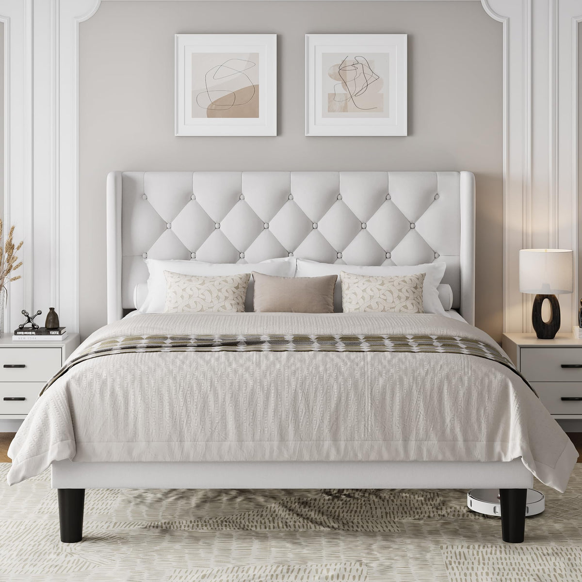 Queen Size Velvet Upholstered Platform Bed Frame with Wingback Headboard S357045