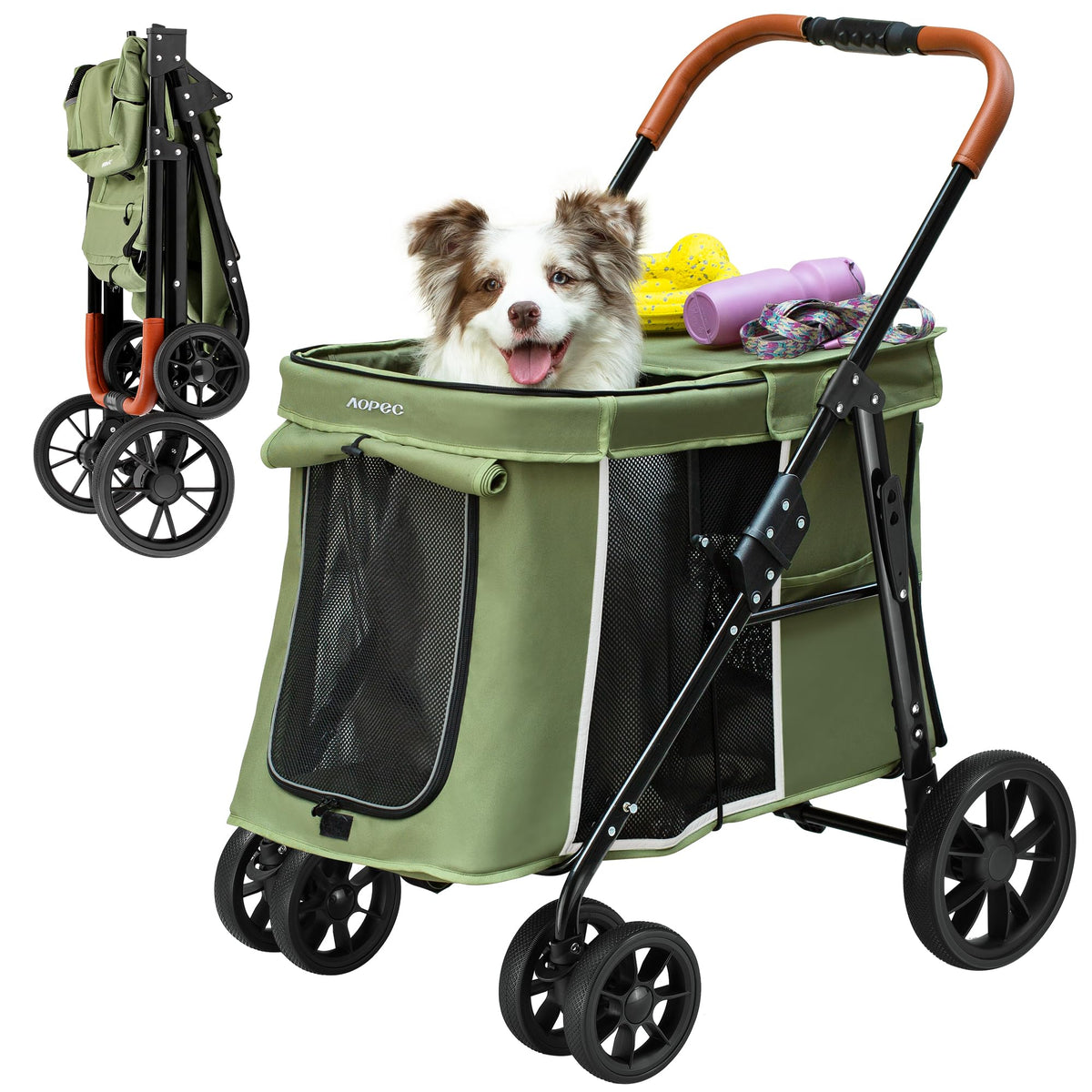 Medium Dog Stroller, One-Touch Folding, 360° Rotating Front Wheels, 80 lbs Weight Capacity, Green Q790