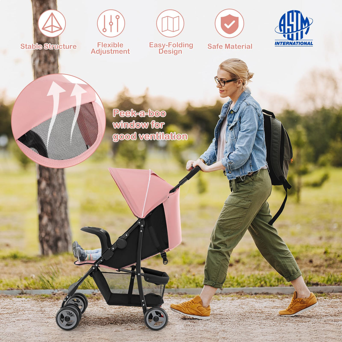 Lightweight Compact Fold Stroller with Canopy & Storage Basket, Pink C517