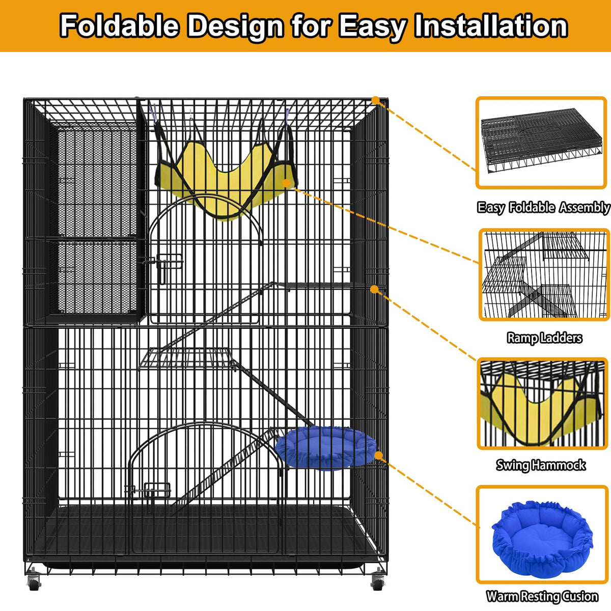 Extra Large 4-Tier Collapsible Cat Cage with Storage Cube J63091