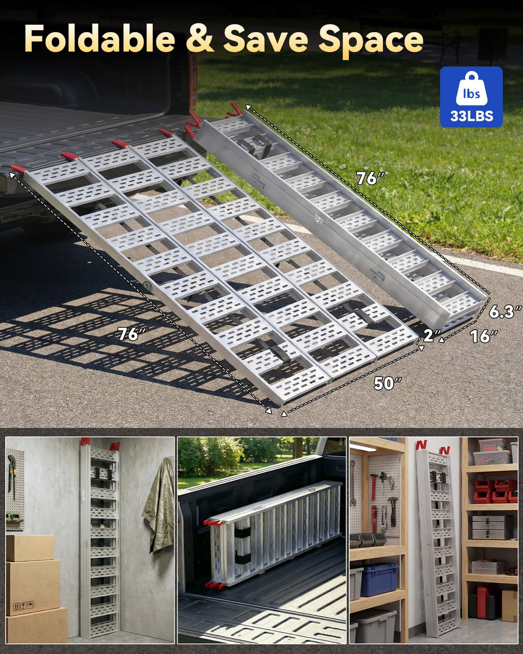 Tri-Fold Aluminum Loading Ramp, 1500 lbs Capacity, 76''L × 50''W F27754