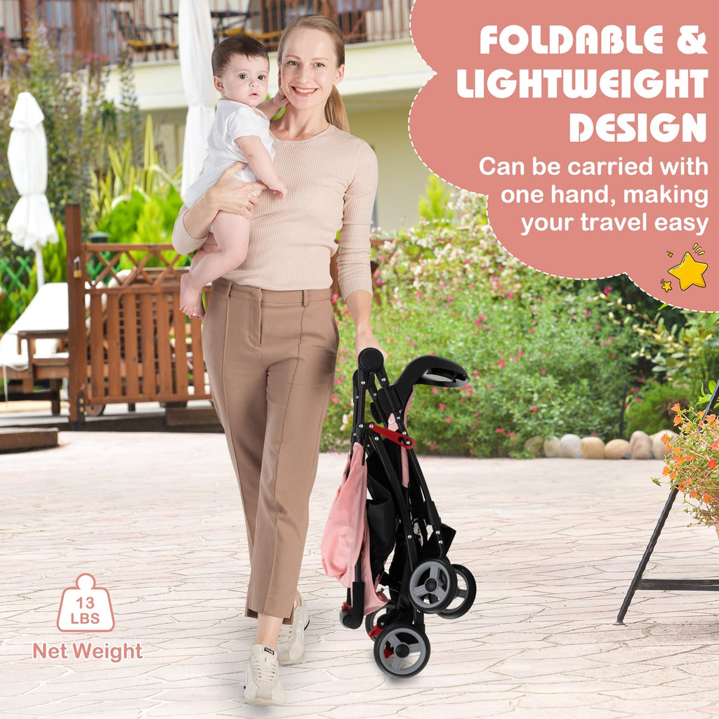 Lightweight Compact Fold Stroller with Canopy & Storage Basket, Pink C517